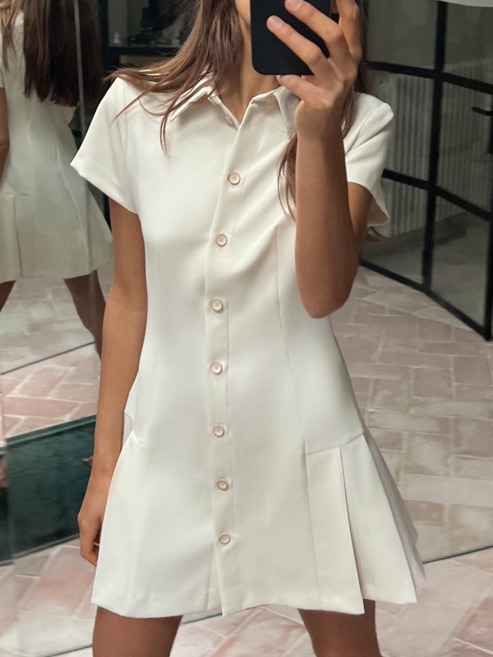 Zara Cream Button Down Collared Mini Dress Pleated Hem Size Medium NWT